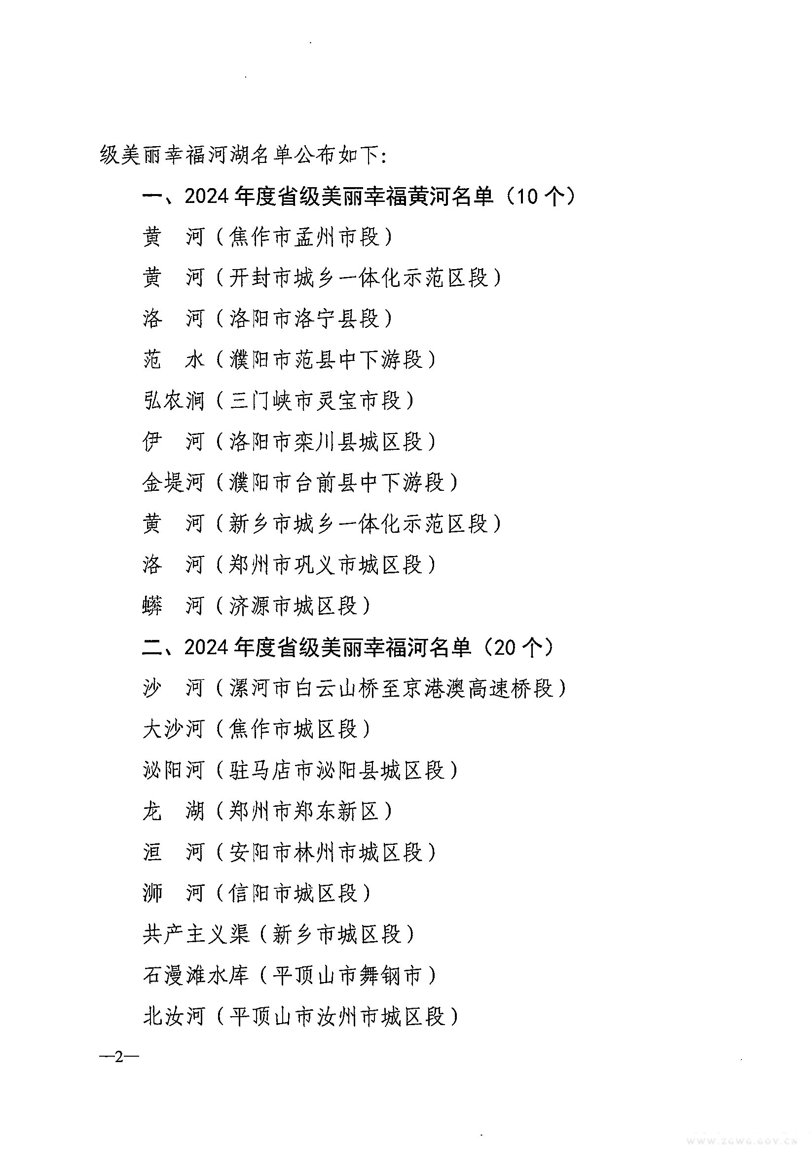 河南省水利厅生态环境厅关于公布2024年度省级美丽幸福河湖名单通知(2)(1)_页面_2_图像_0001.jpg